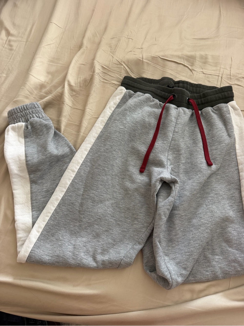 Topshop Grey Sweatpants with White Side Stripe and Red Drawstring